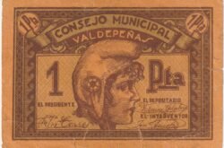 España ESP-P-Ayuntamiento de Valdepeñas, 1 Pta., 1937, Nº  17664, Serie A, Look Scand, Very Fine