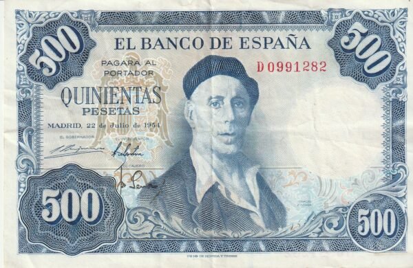 España ESP-P-148, 500 Ptas., 1954, Ignacio Zuluaga, Nº D0991282, Look Scand, VF+