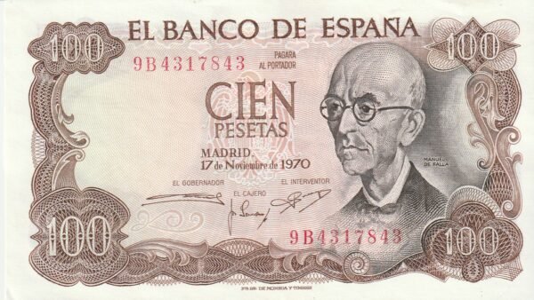 España ESP-P-152, 100 Ptas., Serie 9B-4317843, Manuel de Falla, 1971, aUNC