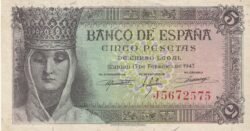 España ESP-P-127, 5 Ptas., 13-Febrero-1943, Nº J5672575, Look Scand, Isabel II, XF