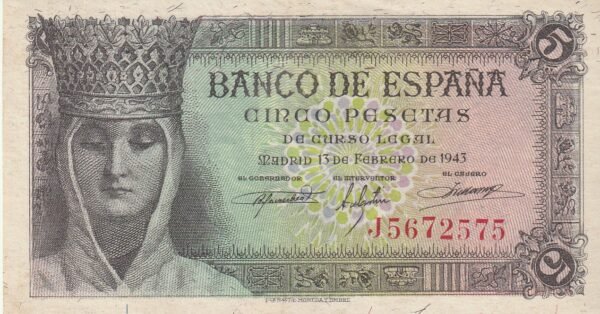 España ESP-P-127, 5 Ptas., 13-Febrero-1943, Nº J5672575, Look Scand, Isabel II, XF