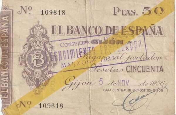 España ESP-P-S573, 50 Ptas., 1936, Nº 109618, Gijón, Look  Scand, BC