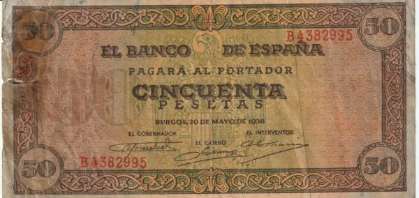 España ESP-P-112, 50 Ptas., 1938, Nº E4382995, Look Scand, BC