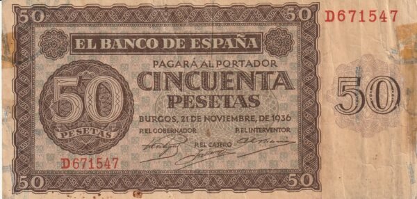 España ESP-P-110, 50 Ptas., 1938, Nº D671547, Look Scand, BC+