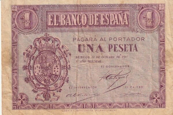España ESP-P-104, 1 Pta., 1937, Nº A8306475, Medallón, Look Scand, MBC