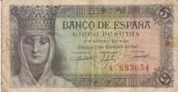 España ESP-P-127, 5 Ptas., 1943, Isabel II, Nº A683654, Look Scand, MBC
