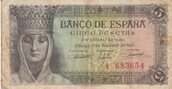 España ESP-P-127, 5 Ptas., 1943, Isabel II, Nº A683654, Look Scand, MBC