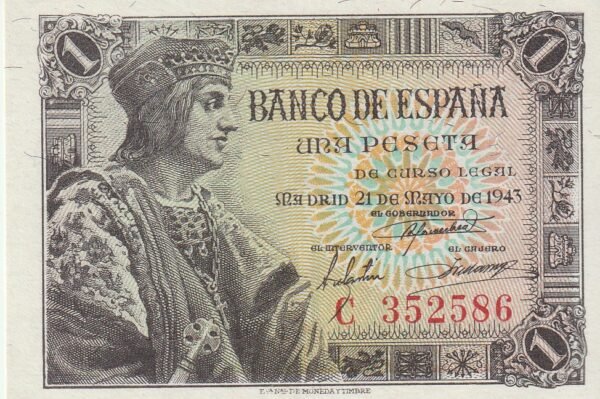 España ESP-P-126, 1 Pta., 1943, Serie "C",  Nº C352586, Look Scand, UNC