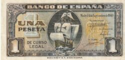 España ESP-P-122, 1 Pta., 4-Septiembre-1940, Nº H-6870629, Carabela Sta. María,  Look Scand, Very Fine++