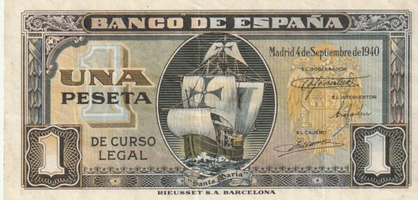 España ESP-P-122, 1 Pta., 4-Septiembre-1940, Nº H-6870629, Carabela Sta. María,  Look Scand, Very Fine++