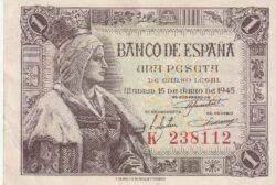 España ESP-P-128, 1 Pta., 1945, Serie "A", Nº K-238112, Look Scand, XF++
