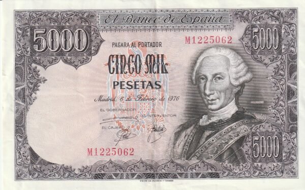 España ESP-P-155 "M", 5.000 Ptas., Serie M1225062, Carlos III, Look Scand, XF