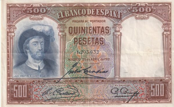 España ESP-P-84, 500 Ptas., 1931. Nº 1203033, Juan Sebastian El Cano, Lookm Scand, Very Fine