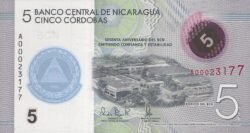 Nicaragua NIC-P-W219, 5 Cordobas, 60th Anniversary of Banco Central de Nicaragua (1960-2020), Polímero, UNC