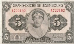 Luxemburgo LUX-P43b, 5 Francos, ND-1944, Look Scand, Nº.-A722192, XF+