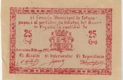 España, Billete Local TOTANA,  25 Ctmos., 1937, Sin numeración, Look Scand, Very Fine