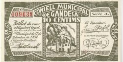 España, Billete Local GANDESA, 10 Ctmos., 1937, Nº 09639, Look Scand, UNC