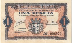 España, Billete Local de CASPE, 1 Pta., 1937, Nº 006970, Look Scand, aUNC