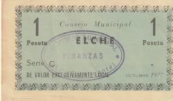 España, Billete Local de ELCHE, 1 Pta., 1937, Serie C, Look Scand, XF