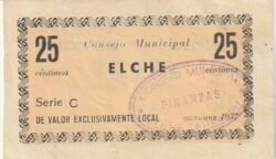 España, Billete Local de ELCHE, 25 Ctmos., Serie C, 1937, Look Scand, XF