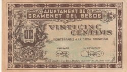 España, Billete Local de GRAMANET DEL BESOS, 25 Ctmos, 1937, Nº 10789, Look Scand, XF
