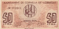 España, Billete Local de CORNELLA DE LLOBREGAT, 50 Ctmos., 1937, Nº 012211, Look Scand, XF-