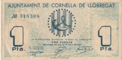 España, Billete Local de CORNELLA DE LLOBREGAT, 1 Pta., 1937, Nº 018308, Resello en Seco, Look Scand, XF-