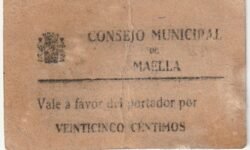 España, Billete Local de MAELLA, Vale en papel cartón, 25 Ctmos, 1937, Look Scand, Very Fine
