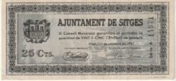 España, Billete Local de SITGES, 25 Ctmos., 1937, Nº A-11871, Look Scand, XF-