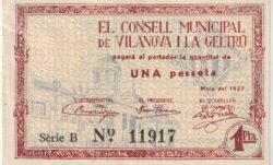 España, Billete Local de VILANOVA I LA GELTRÙ, 1 Pta.,1937, Nº B-11917, Resello en Seco, Look Scand, XF