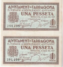 España, Billete Local deTARRAGONA, 1Pta. 1937, Pareja sin cortar, Nº 388439/391439, Look Scand, UNC