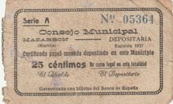 España, Billete Local de MAZARRÓN, 25 Ctmos., 1937, Nº A-05364, Uniface, Very Fine+