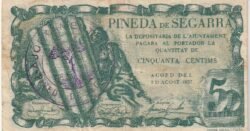 España, Billete Local de PINEDA DE SEGARRA, 50 Ct,os., 1937, Nº 0641, Look Scand, Very Fine+