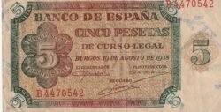 España ESP-P-110 (Guerra-454), 5 Ptas, Nº B4470542, 10-Agosto-1938, Look Scand, XF+
