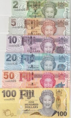 Fiji FIJ-P-109a/114a, Set 5 valores misma numeración CA002826, Híbrido, UNC