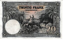 Congo Belga BCN-P-15F, 20 Fcos., 10-Agosto-1948, Nº AC415178, Look Scand, Canoa/Elefantes, XF