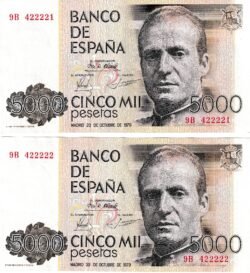 España ESP-P-160, 5.000 Ptas., Juan Carlos I, Nº.-9B-422221/2, Pareja Correlativa, Reposición,  Look Scand, UNC
