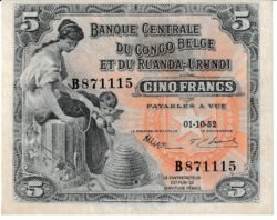Ruanda-Burundi RWB-P-21(52), 20 Fcos. 1-Octubre-1952, Nº.- B871115, Look Scand, XF-