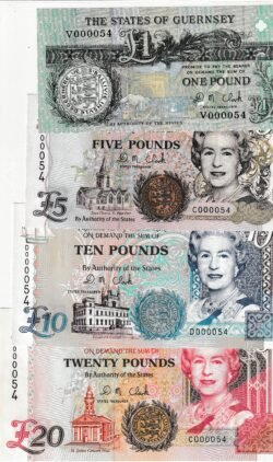 Guernsey GSY-P-52c, 56b, 57b,58b, Set 4 valores, 1,5,10,y 20 Pounds, Nº 000054, ND-1996,Look Scand, UNC