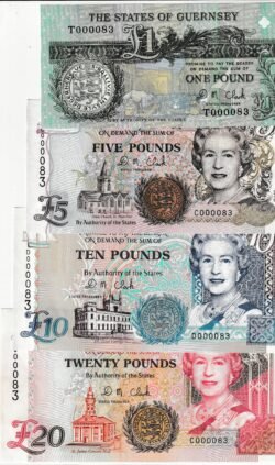 Guernsey GSY-P-52c, 56b, 57b,58b, Set 4 valores, 1,5,10,y 20 Pounds, Nº 000083, ND-1996,Look Scand, UNC