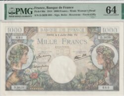 Francia FRA-P-96c, 1.000 Fcos, 6-Julio-1944, Nº 090478680, Look Scand, Graduación PMG-64