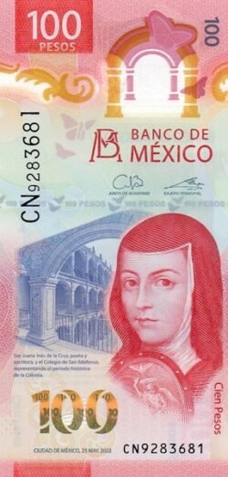México MEX-P-W134(5-22) 4, 100 Pesos, 25-Mayo-2022,  Sig.: Galia Borja Gómez & Alejandro Alegre Rabiela, Polímero, Juana Inés de la Cruz, UNC