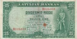 Latvia LAT-P-21, 25 Latu, 1938, Nº B522933, Look Scand, Very Fine