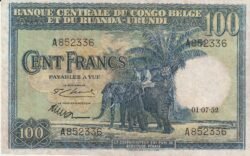 Congo Belga BCN-P-25a, 100 Fcos., 1-Julio-1952, Nº A852336, Look Scand, Elefantes, Very Fine+