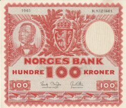 Noruega, NOR P-33, 100 Krooner, 1961, Nº H9323601, Look Scand, XF
