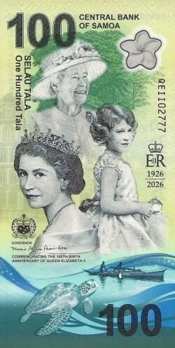 Samoa SAM-P-W56, 100 Tala, 100th Anniversary of Birth of Queen Elizabeth II (1926-2026), Polímero, UNC