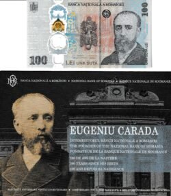 Rumanía ROM-P-W128, 100 Lei, Tirada Limitada 10.000 Ejemplares, 190th Anniversary of Birth of Eugeniu Carada (29.11.1836), Polímero, Folder, UNC