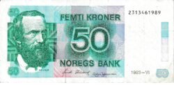 Noruega, NOR P-42e, 50 Kroner, 1993, A. O. Vinue, Look Scand, VF+