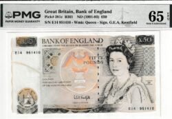 Inglaterra GBT-P-381c, 50 Pounds, ND-1991/93, Nº E14/951410, Graduación PMG-65, Look Scand, UNC