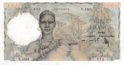 French West Africa-P-42(2), 1.000 Fcos., 8-Agosto-1951, Nº  037510872, Look Scand, XF